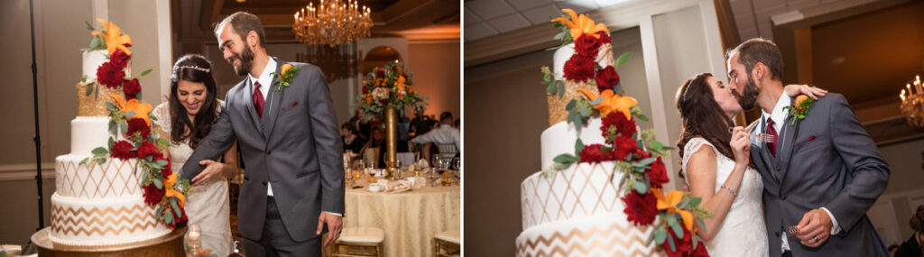 A bride and groom cutting the cake at a wedding reception. This is the main photo for the article called best cake cutting songs at a wedding.