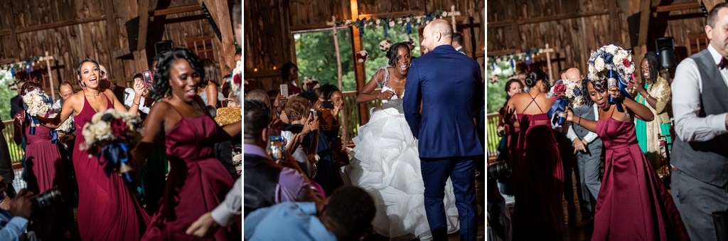 The wedding party dancing down the aisle during the ceremony processional and recessional. The bridesmaids are in red dresses.